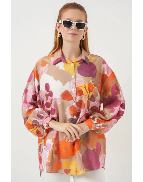 Desenli Overize Gömlek Tunik 5971 - Turuncu