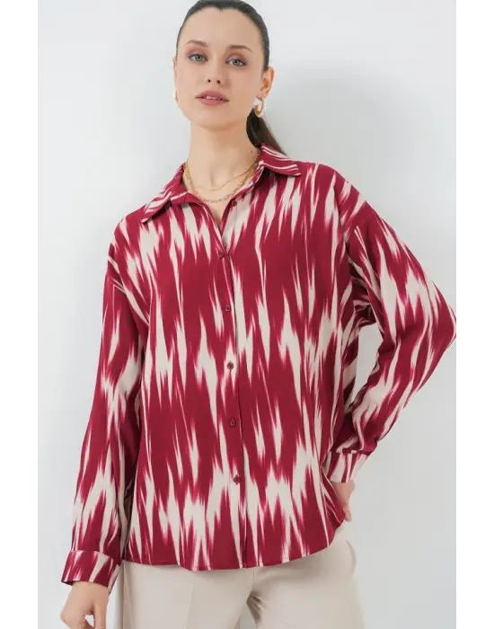 Desenli Oversize Gömlek 20301 - Kırmızı