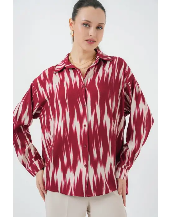 Desenli Oversize Gömlek 20301 - Kırmızı