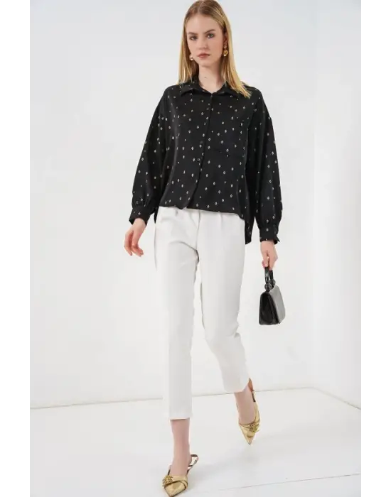 Desenli Oversize Gömlek 20361 - Siyah