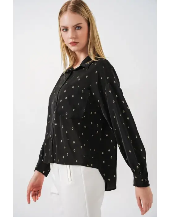 Desenli Oversize Gömlek 20361 - Siyah