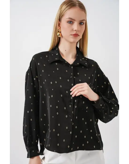 Desenli Oversize Gömlek 20361 - Siyah