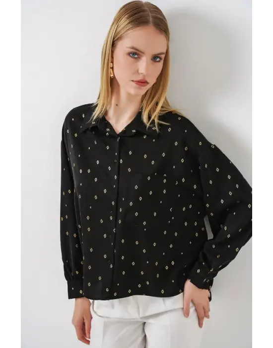 Desenli Oversize Gömlek 20361 - Siyah