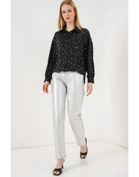 Desenli Oversize Gömlek 20361 - Siyah - Gümüş