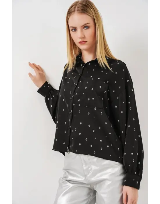 Desenli Oversize Gömlek 20361 - Siyah - Gümüş