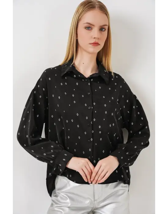 Desenli Oversize Gömlek 20361 - Siyah - Gümüş