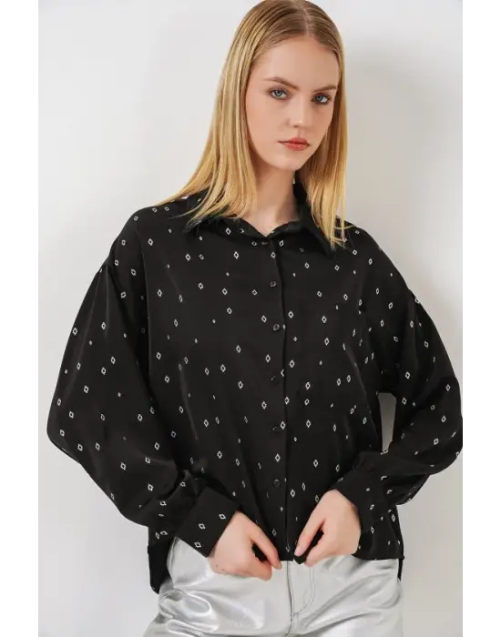 Desenli Oversize Gömlek 20361 - Siyah - Gümüş