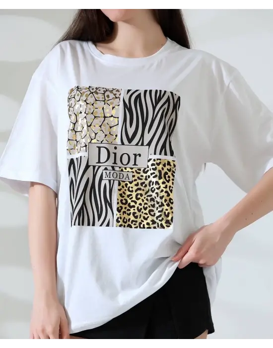 Omarı Şık Desenli Oversize Tişört
