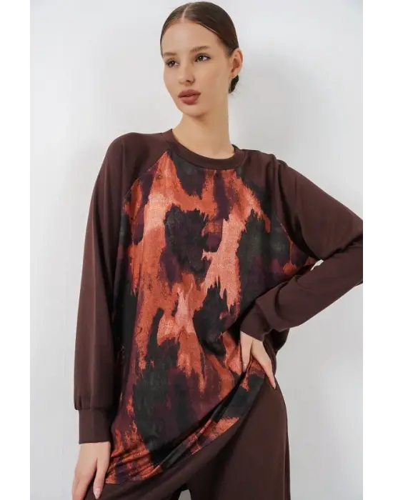 Desenli Oversize Tunik Pantolon İkili Takım 55462 - Kahverengi