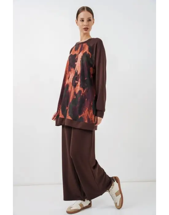 Desenli Oversize Tunik Pantolon İkili Takım 55462 - Kahverengi