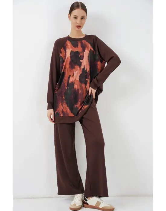 Desenli Oversize Tunik Pantolon İkili Takım 55462 - Kahverengi