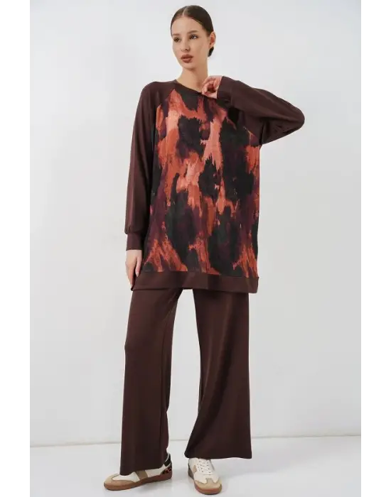 Desenli Oversize Tunik Pantolon İkili Takım 55462 - Kahverengi