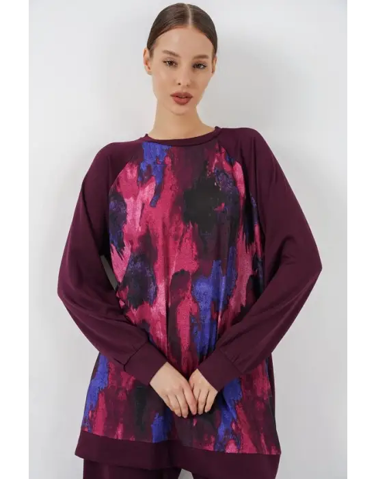 Desenli Oversize Tunik Pantolon İkili Takım 55462 - Mor
