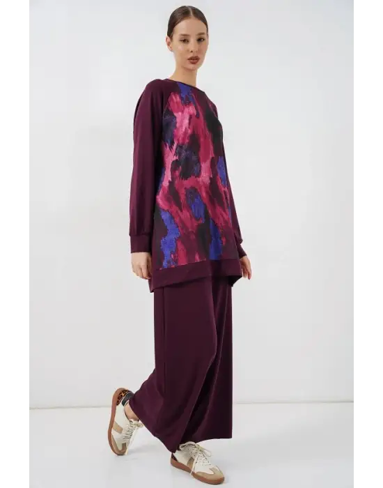 Desenli Oversize Tunik Pantolon İkili Takım 55462 - Mor