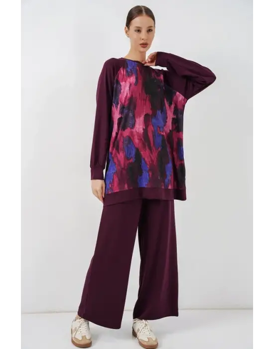 Desenli Oversize Tunik Pantolon İkili Takım 55462 - Mor