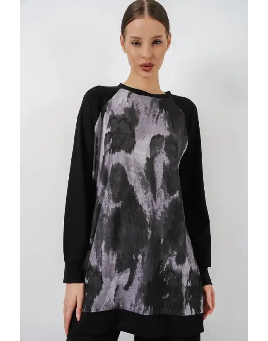 Desenli Oversize Tunik Pantolon İkili Takım 55462 - Siyah