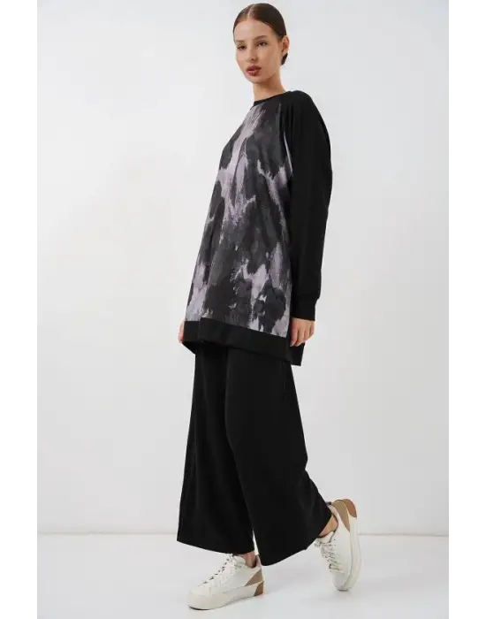 Desenli Oversize Tunik Pantolon İkili Takım 55462 - Siyah