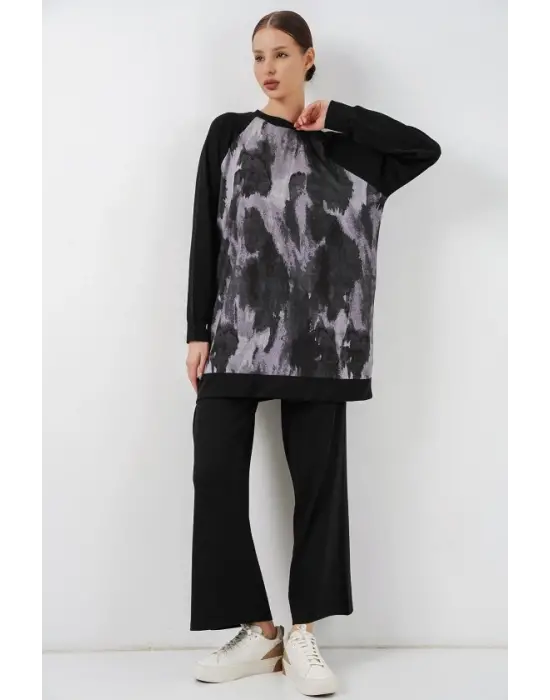 Desenli Oversize Tunik Pantolon İkili Takım 55462 - Siyah