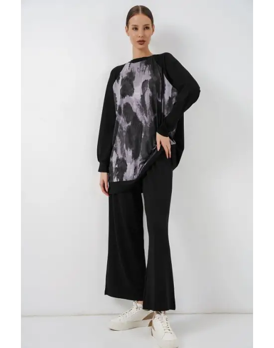 Desenli Oversize Tunik Pantolon İkili Takım 55462 - Siyah