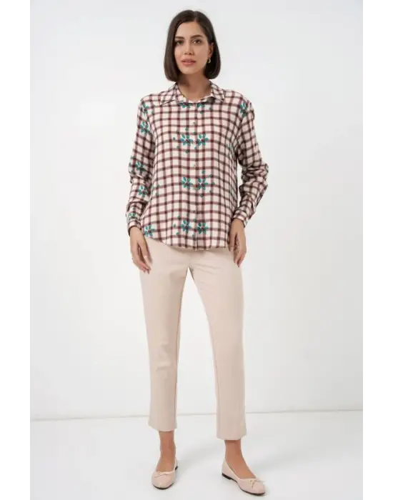 Desenli Oversize Viskon Gömlek 20371 - Kahverengi