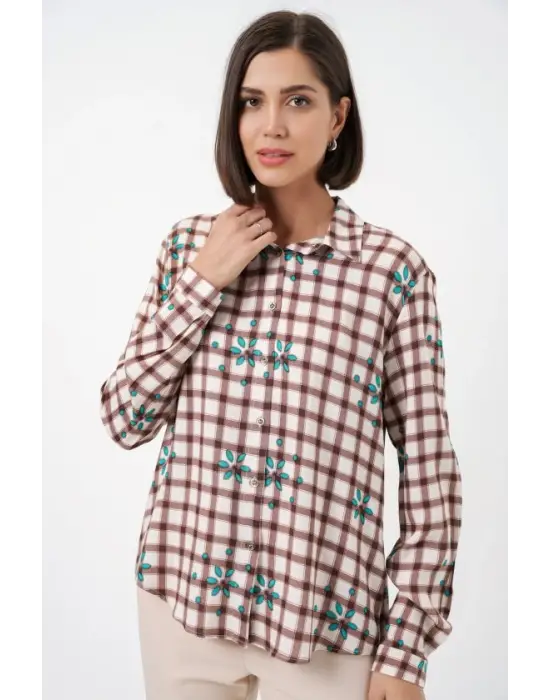 Desenli Oversize Viskon Gömlek 20371 - Kahverengi