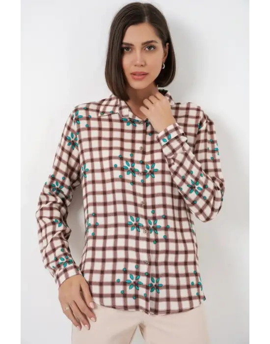 Desenli Oversize Viskon Gömlek 20371 - Kahverengi