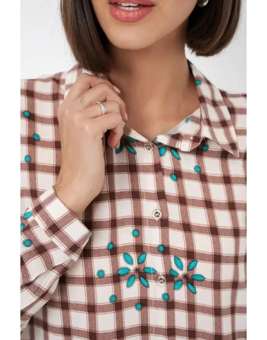 Desenli Oversize Viskon Gömlek 20371 - Kahverengi