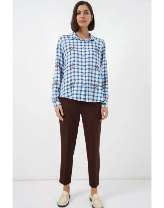 Desenli Oversize Viskon Gömlek 20371 - Mavi