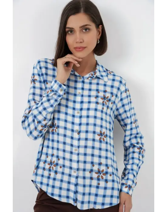 Desenli Oversize Viskon Gömlek 20371 - Mavi