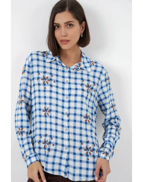 Desenli Oversize Viskon Gömlek 20371 - Mavi