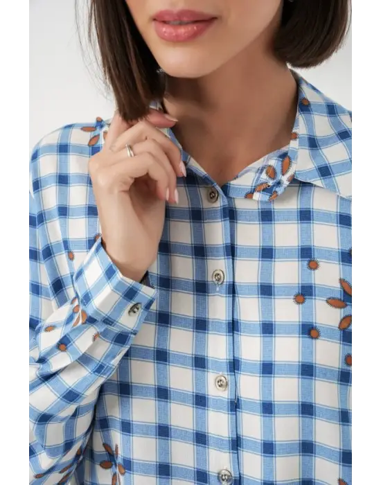 Desenli Oversize Viskon Gömlek 20371 - Mavi