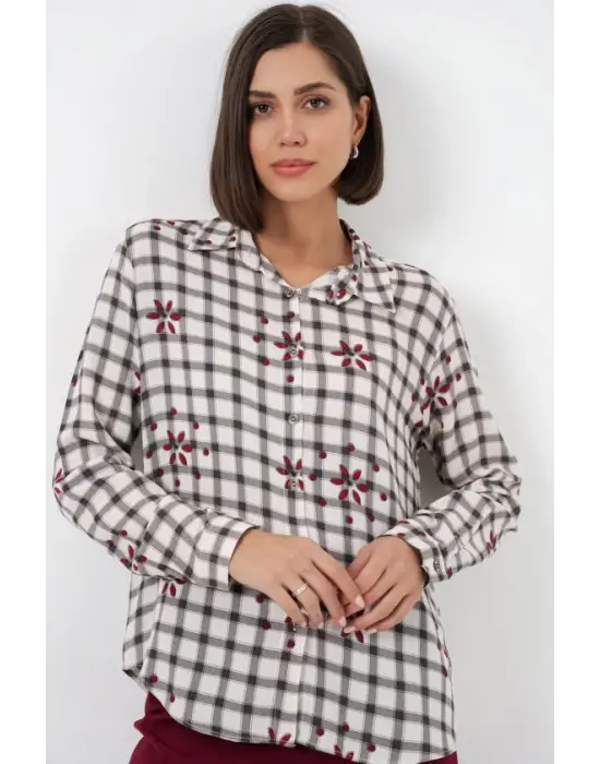 Desenli Oversize Viskon Gömlek 20371 - Siyah