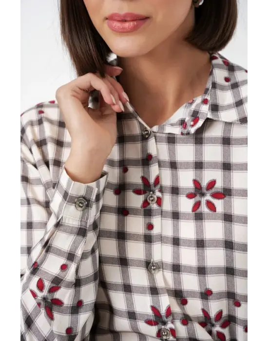 Desenli Oversize Viskon Gömlek 20371 - Siyah