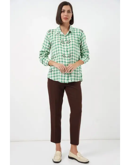 Desenli Oversize Viskon Gömlek 20371 - Yeşil