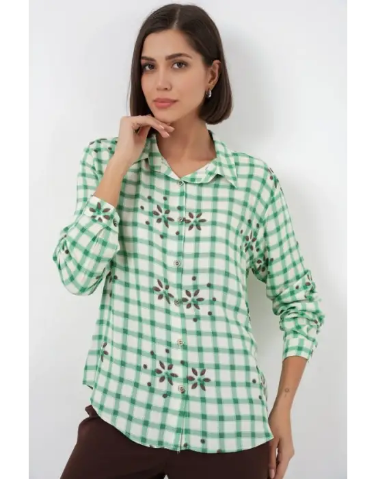 Desenli Oversize Viskon Gömlek 20371 - Yeşil