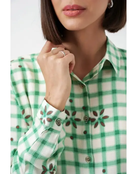 Desenli Oversize Viskon Gömlek 20371 - Yeşil