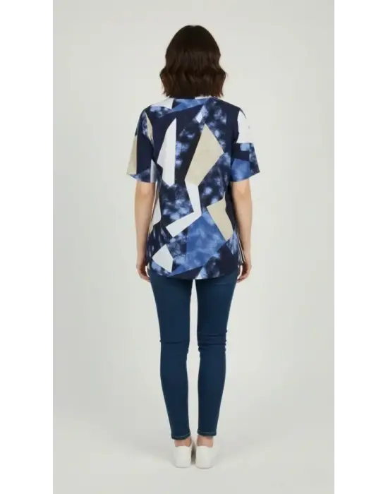 Desenli Püsküllü Viskon Bluz Bebe Yaka Kısa Kollu Big Size Rahat Kesim - Desenli