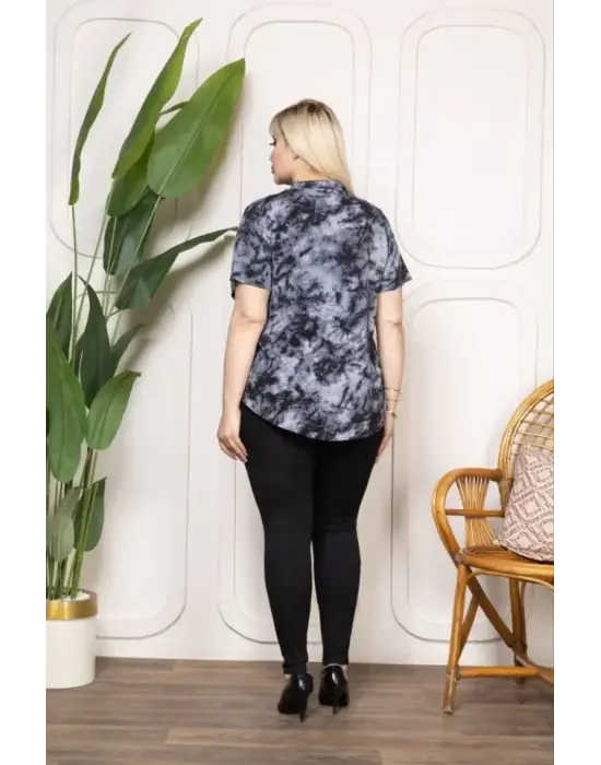 Desenli Püsküllü Viskon Bluz Bebe Yaka Kısa Kollu Big Size Rahat Kesim - Desenli