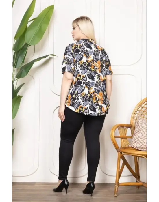 Desenli Püsküllü Viskon Bluz Bebe Yaka Kısa Kollu Big Size Rahat Kesim - Desenli