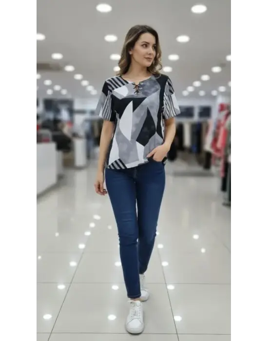 Göz Alıcı Kısa Kollu Viskon Bluz Bebe Yaka Big Size