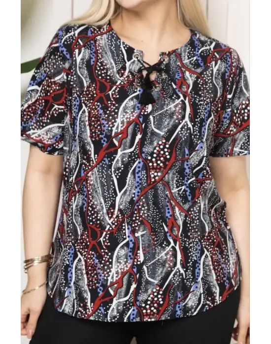 Desenli Püsküllü Viskon Bluz Bebe Yaka Kısa Kollu Big Size Rahat Kesim - Desenli