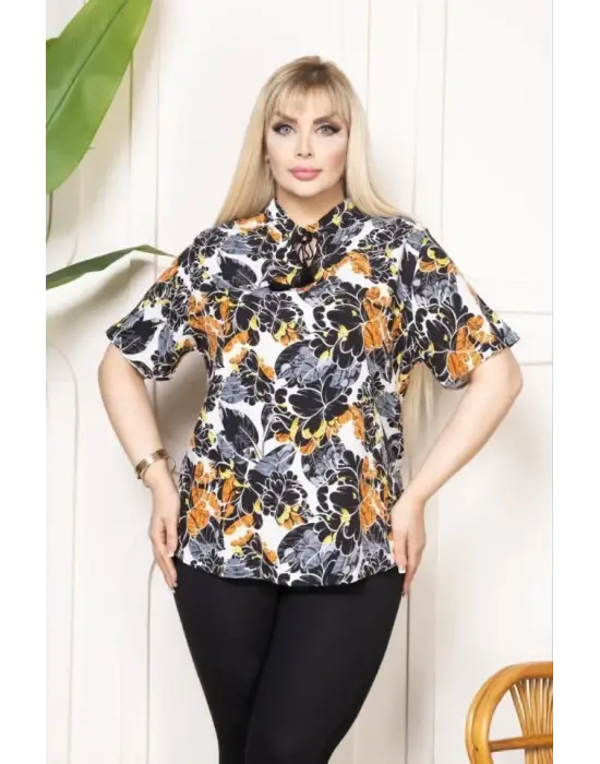 Desenli Püsküllü Viskon Bluz Bebe Yaka Kısa Kollu Big Size Rahat Kesim - Desenli