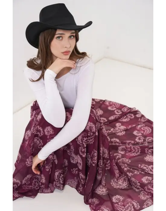 Desenli Şifon Etek 8057 - Bordo