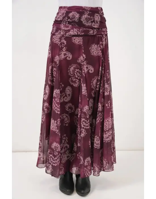 Desenli Şifon Etek 8057 - Bordo