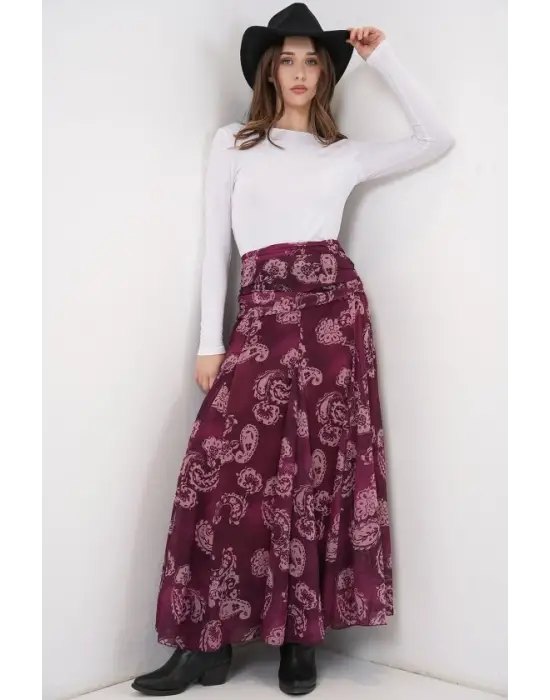 Desenli Şifon Etek 8057 - Bordo