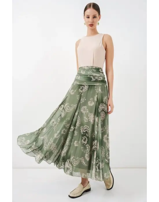Desenli Şifon Etek 8057 - E.Yeşil