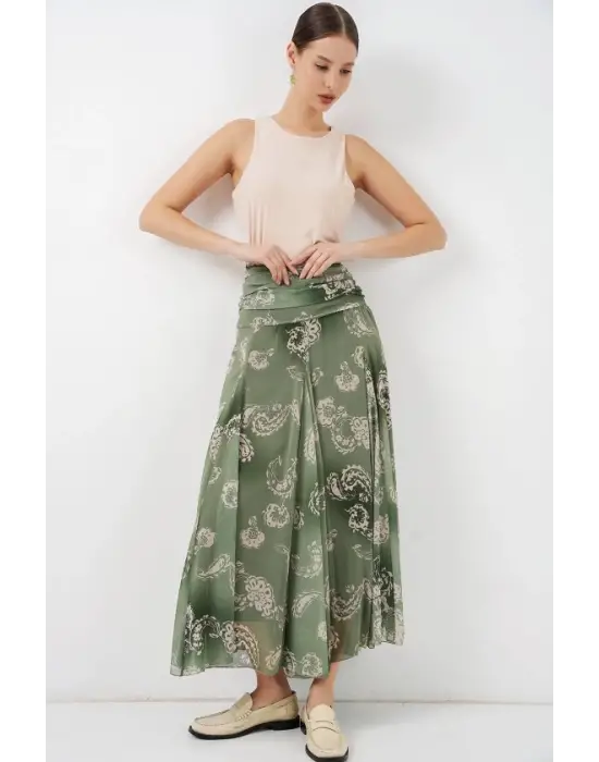 Desenli Şifon Etek 8057 - E.Yeşil