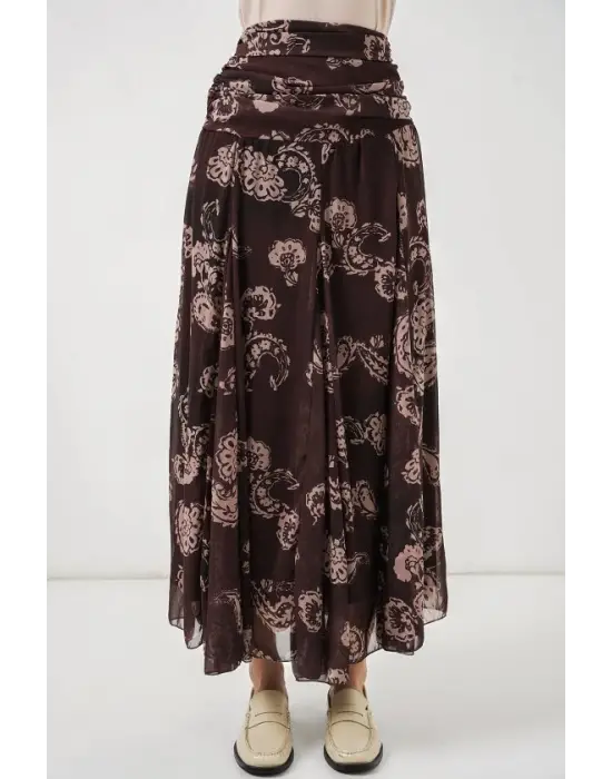 Desenli Şifon Etek 8057 - Kahverengi