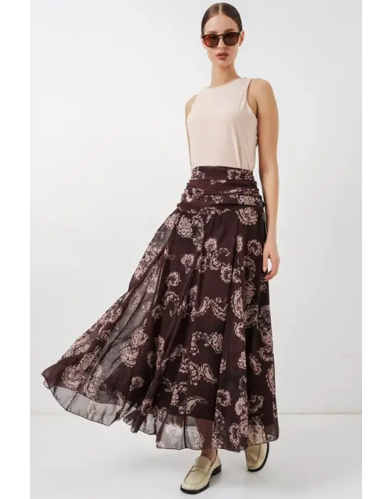 Desenli Şifon Etek 8057 - Kahverengi