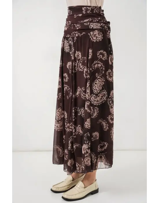 Desenli Şifon Etek 8057 - Kahverengi